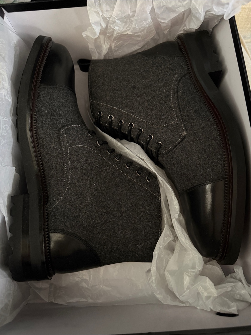 Men's Gray Wool and Black Leather Lace-Up Boots